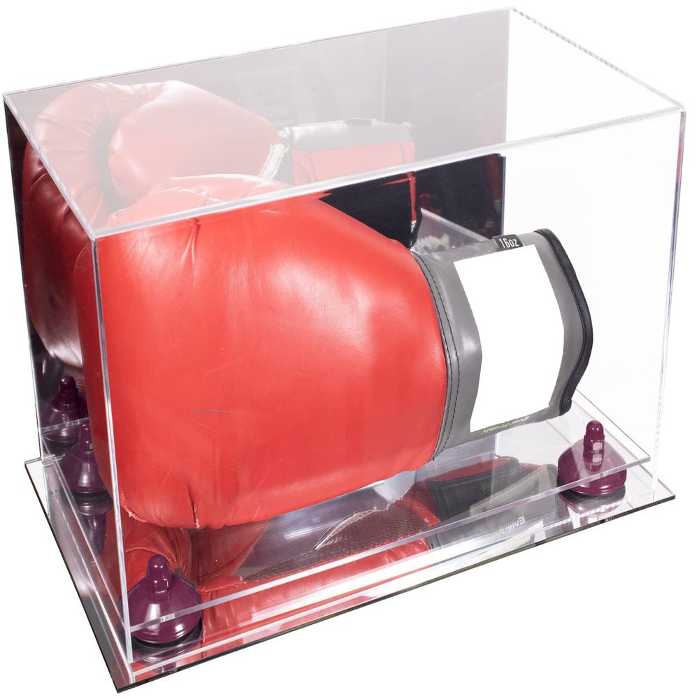 Better Display Cases Acrylic Boxing Glove Display Case with Mirror Case, Purple Risers and Mirror Base (A011/V16)
