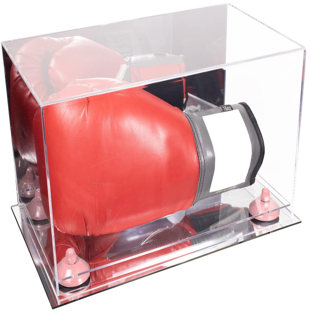 Better Display Cases Acrylic Boxing Glove Display Case with Mirror Case, Pink Risers and Mirror Base (A011/V16)
