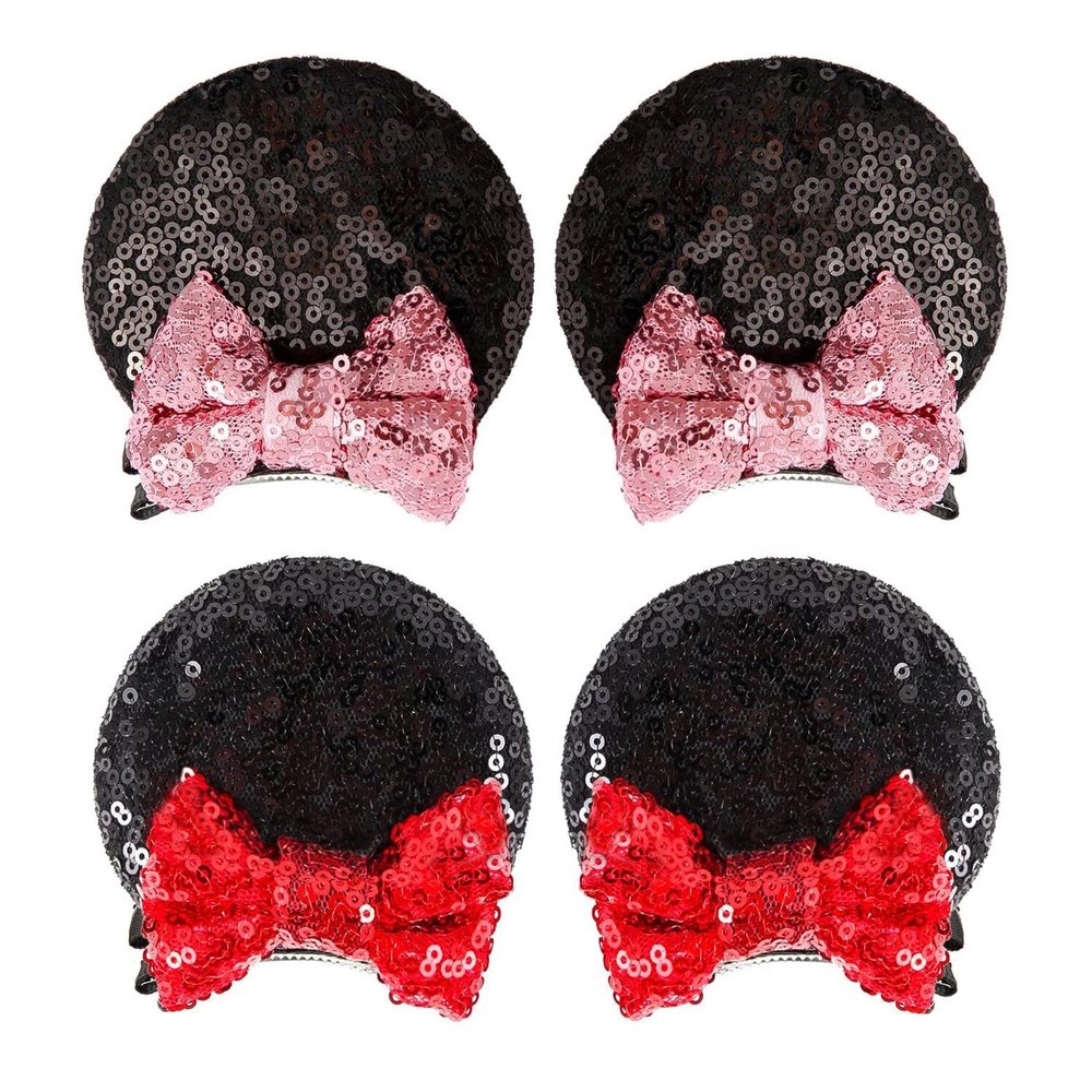 2 Pairs Sequin Mouse Ears Hair Clips, Glitter Bow Clips for Girls Women, Hair Accessories for Princess Cosplay, Christmas Decoration (black)