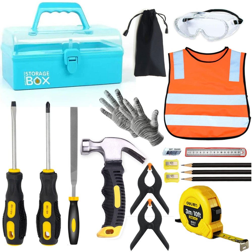 QeeHeng Kids Real 20Pcs Construction Tool Set with Blue Toolbox and Protective Clothing, Beginner Woodworking Tool Set, Educational Gift