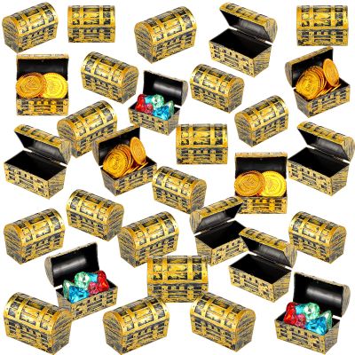 Threan 50 Pieces Mini Pirate Treasure Chests 2.3 Inch Plastic Treasure Chests with a Gold Finish Vintage Pirate Jewelry Box for Halloween Birthday Christmas Party Favors Trinkets Supplies for Boy Girl
