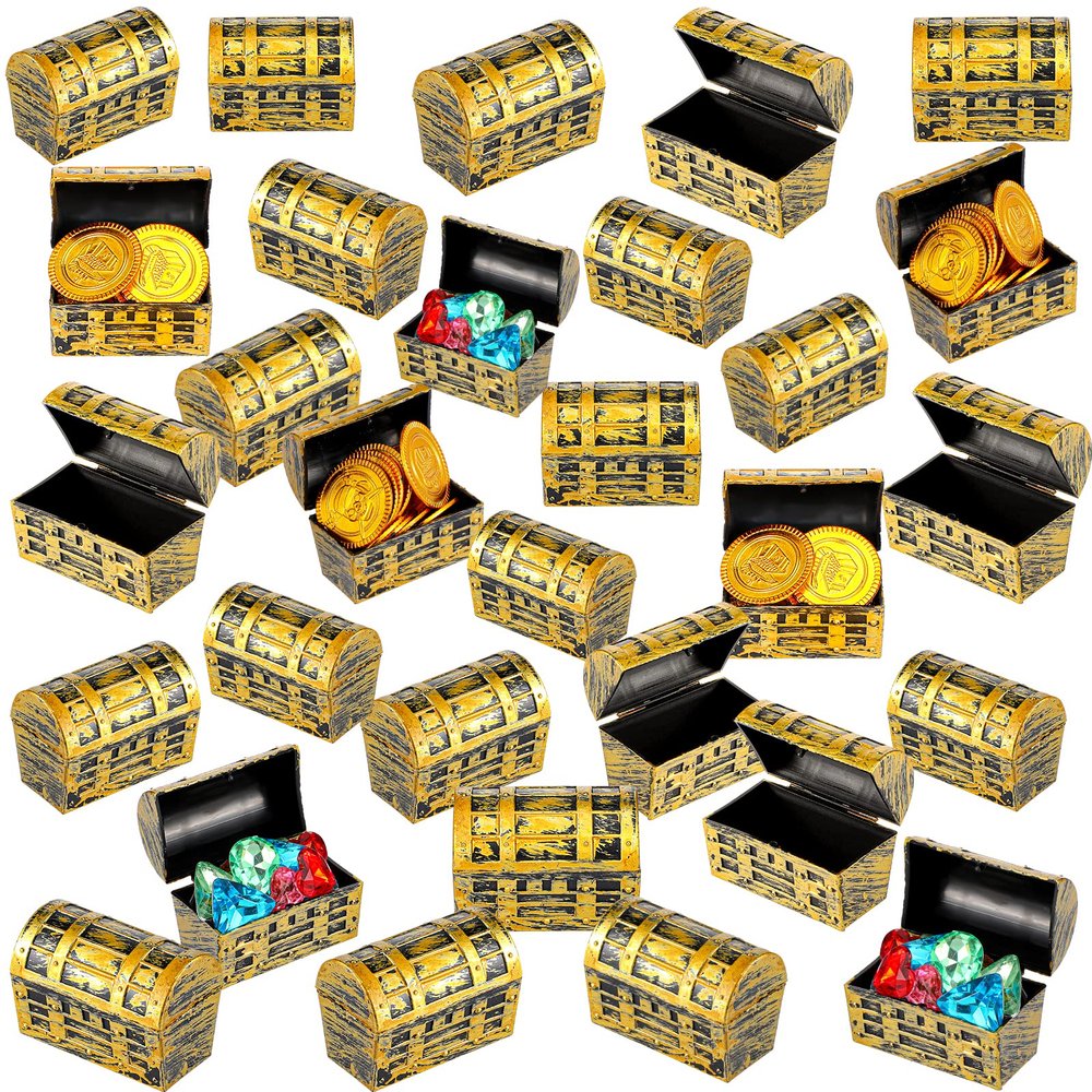 Threan 50 Pieces Mini Pirate Treasure Chests 2.3 Inch Plastic Treasure Chests with a Gold Finish Vintage Pirate Jewelry Box for Halloween Birthday Christmas Party Favors Trinkets Supplies for Boy Girl