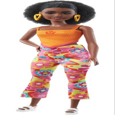 Barbie Fashionistas Doll #198, Petite with Curly Black Hair, Retro Floral Clothes & Accessories Including Sandals & Heart-Shaped Earrings
