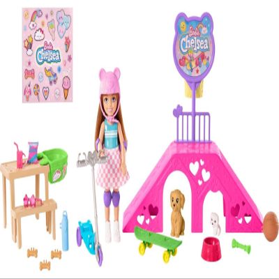 Barbie Chelsea Doll & Skate Park Playset with 2 Puppies, Skate Ramp, Scooter & 15+ Accessories, Brunette Small Doll with Blue Eyes