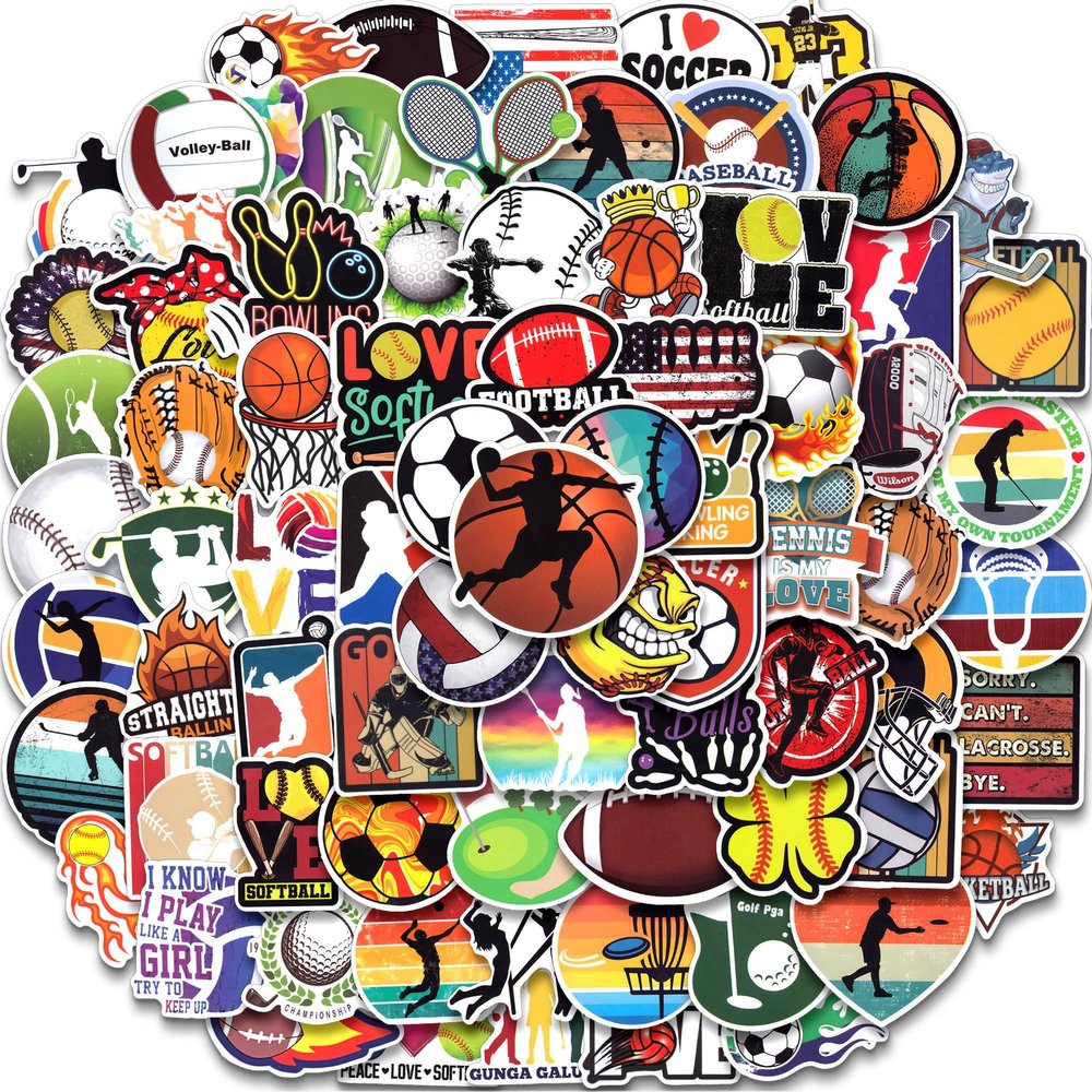 100 PCS Sports Stickers for Water Bottles, Laptop - Soccer, Football, Volleyball, Golf, Basketball Balls - for Teens and Kids