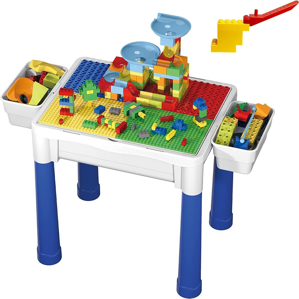PicassoTiles Vehicle and Action Figure + Activity Center Play Table, Magnetic Pretend Playset, School Bus, Car, Truck, Drivers, Study Desk Sandbox Water Tight Storage All-in-1 331pc Blocks Marble Run