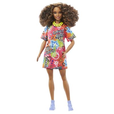 Barbie Fashionistas Doll #201, Athletic Body with Curly Brunette Hair, Graffiti-Print Dress & Accessories Including Boots & Chain Necklace