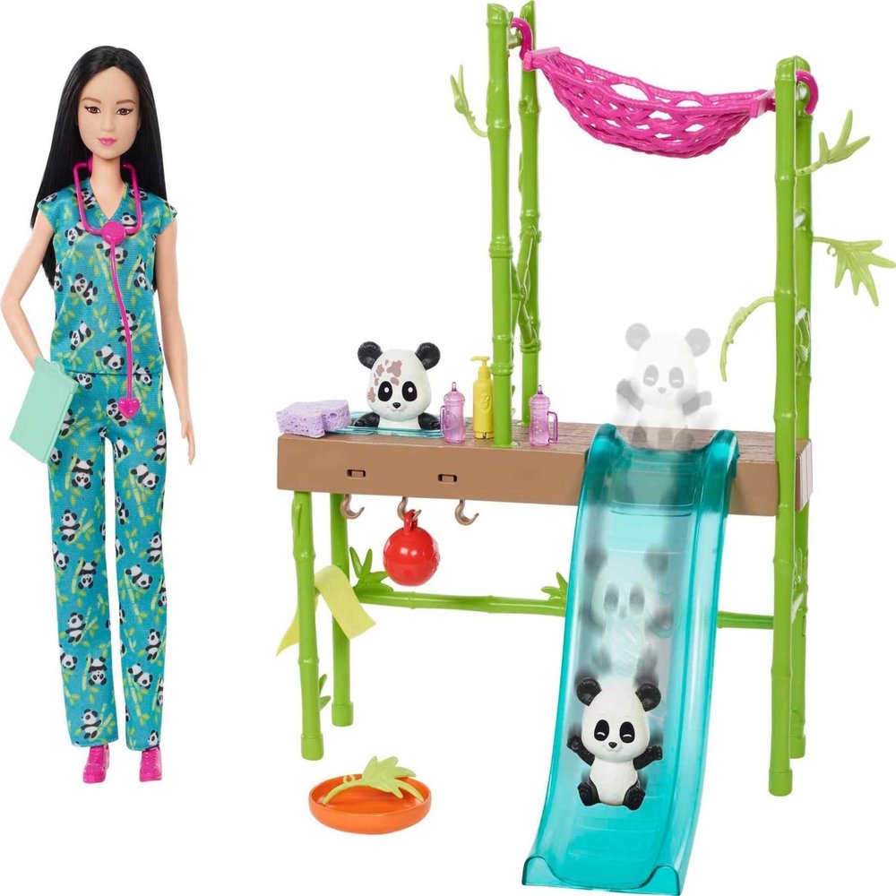Barbie Careers Playset, Baby Panda Care & Rescue Set with Vet Fashion Doll, 2 Color-Change Pandas & 20+ Accessories