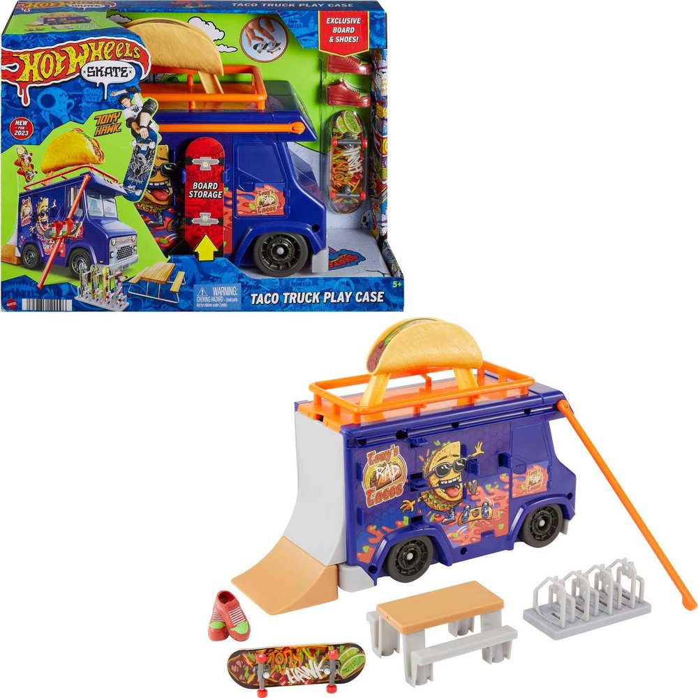 Hot Wheels Skate Taco Truck Play Case, Portable Fingerboard Skatepark Playset for Kids, 1 Exclusive Board, 1 Pair of Removable Skate Shoes & Storage