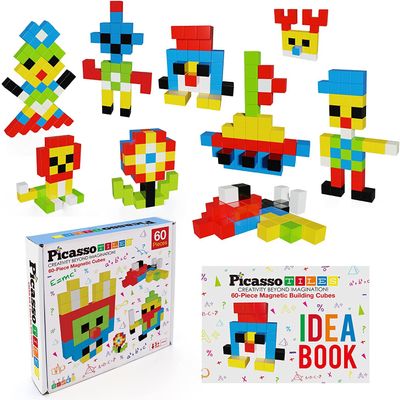 PicassoTiles 16pc Action Figures + 60 Piece Magnetic Puzzle Cubes, Magnet Character Expansion Variety Pretend Play Pack, 1 Magnet Building Block Sensory Toy Set, Free Ideabook with 50 Ideas Included