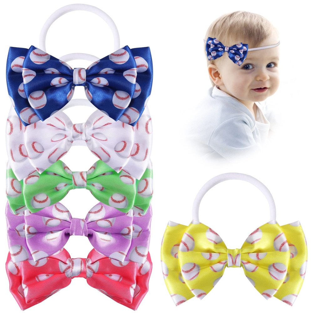 Baseball Headband for Girls with Bows,6 Pcs Elastic Nylon Hairbands Accessories for Infant Toddler Girl Kids,Baseball Gifts for Birthday,Sports Themed Party Supplies
