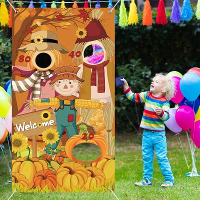 Happy Thanksgiving Toss Game Banner with 3 Bean Bags Scarecrow Bean Bag Toss Games Thanksgiving Game Decoration Thanksgiving Turkey Harvest Party Games for Kid Adult Party Supplies (Thanksgiving)