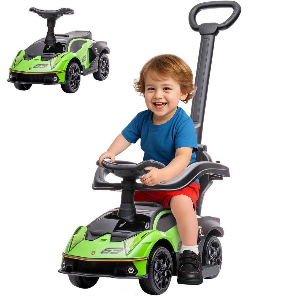 Aosom 2-in-1 Ride On Push Car for Toddlers 1-3, Licensed Lamborghini Stroller Sliding Car, Push-Along with Under Seat Storage Horn Engine Sound and Steering Wheel, Manual, Green