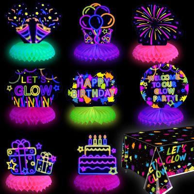 10 Pieces Glow in The Dark Party Table Decorations, Neon Table Honeycomb Centerpiece and Let's Glow Tablecloths Set - Black Light Table Topper Neon Decorations for Kids Glow in Dark Party Supplies