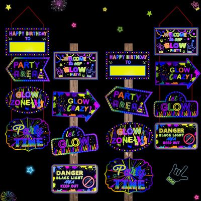 16 Pieces Glow in The Dark Party Supplies - Neon Signs, Birthday Paper Banner, Door and Wall Welcome Signs for Black Light Decorations