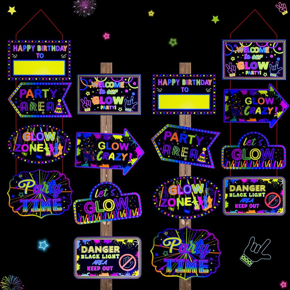 16 Pieces Glow in The Dark Party Supplies - Neon Signs, Birthday Paper Banner, Door and Wall Welcome Signs for Black Light Decorations