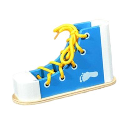 Almencla Wooden Lacing Shoe Toy,Shoe Tying Aid Fine Motor Skills Toy Learn to Tie Shoes for Kids, Blue
