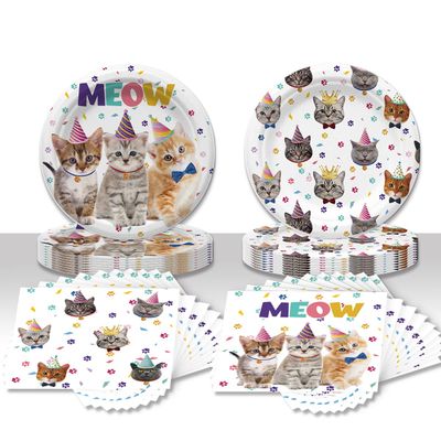 40PCS Cat Birthday Party Supplies Kitten Birthday Party Decorations Cat Plates and Napkins Party Supplies Disposable Plates for Cats Themed Parties Supplies, Serves 20