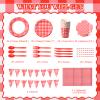 205 Pcs Party Supplies for 25 Guest Checkered Plaid Tablecloth Pennant Banner Plate Cup Napkin Cutlery and Straw for Birthday Family Dinner Picnic BBQ Birthday Party Decoration(Red and White) view 2