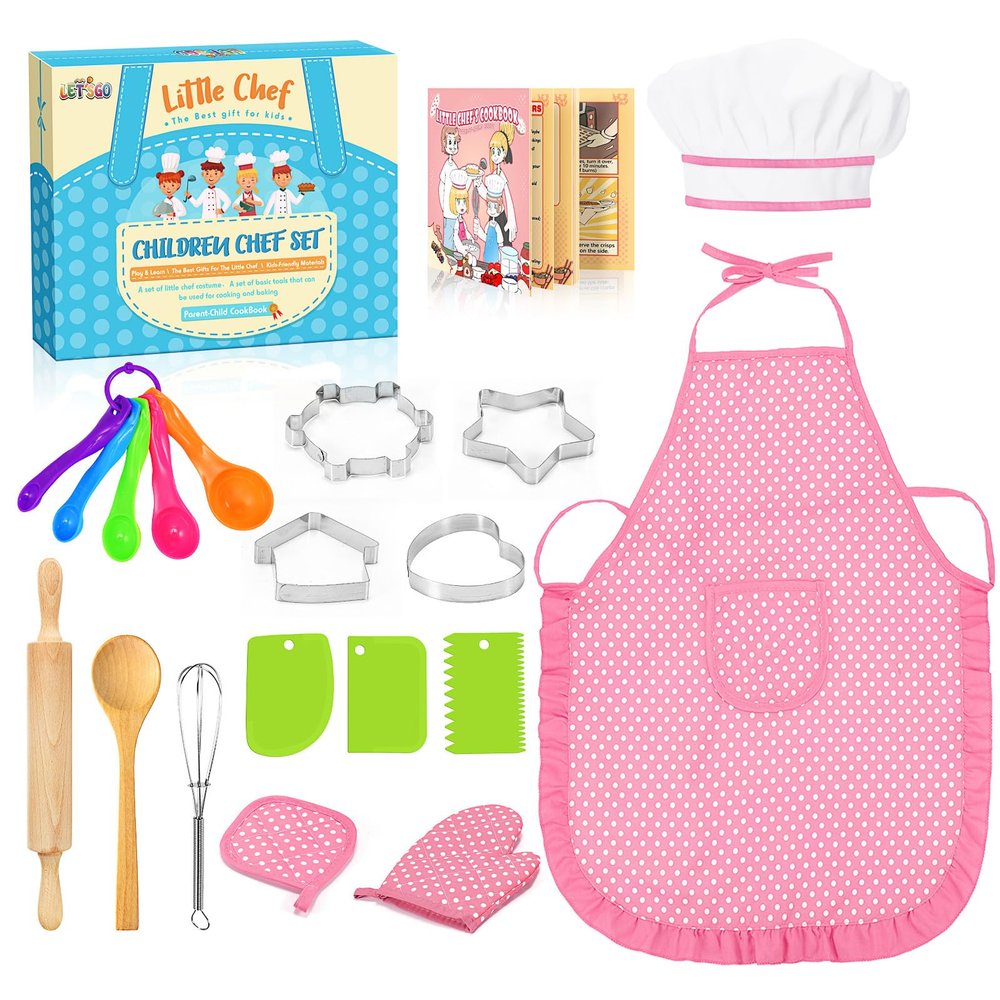 Toyze Birthday Gifts for 3-8 Year Old Girls Cute Stuff Apron for Girls Kids Cooking Sets Toddler Toys Kids Chef Hat and Apron Easter Christmas Stocking Stuffers White-with Cookbook