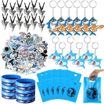 HyDren 98 Pcs Shark Party Favor Supplies Set Shark Keychain Shark Tooth Necklace Goodie Bags Shark Silicone Bracelets and Shark Stickers for Shark Theme Underwater Shark Ocean Birthday Party Supplies