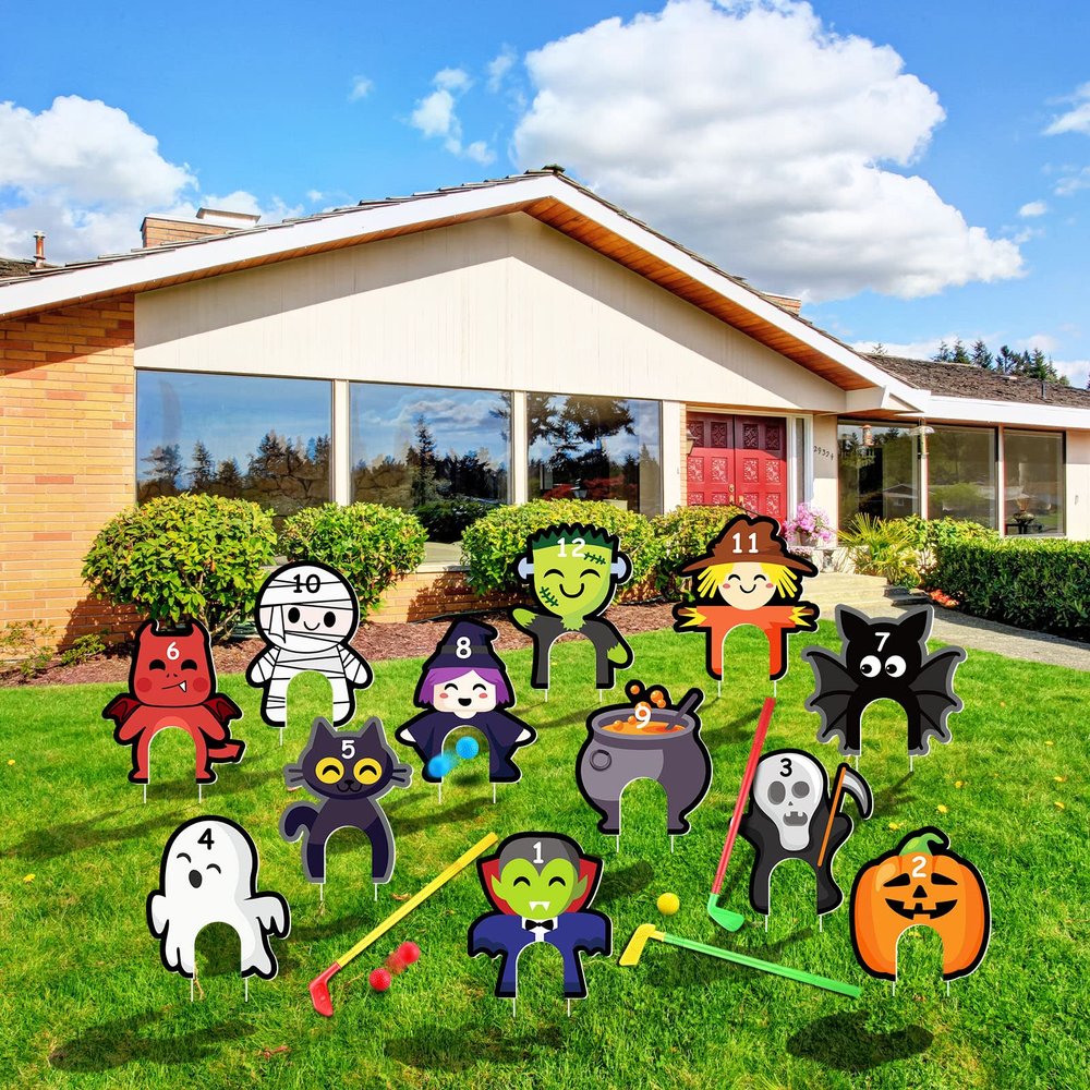 Amyhill 12 Pcs Halloween Golf Game Set Mini Golf Set Halloween Party Game Yard Sign Holes for Indoor Outdoor Carnival Lawn Yard Decorations