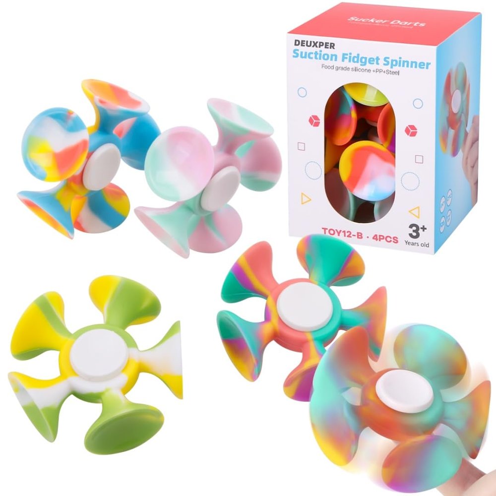 4 Pack Fidget Spinner with Suction Cup - Safe and Soft Sensory Anxiety Relief Toy for Adults and Kids 8-12 | Perfect Suction Dart Target Game, Classroom Focus Tool & Party Favors