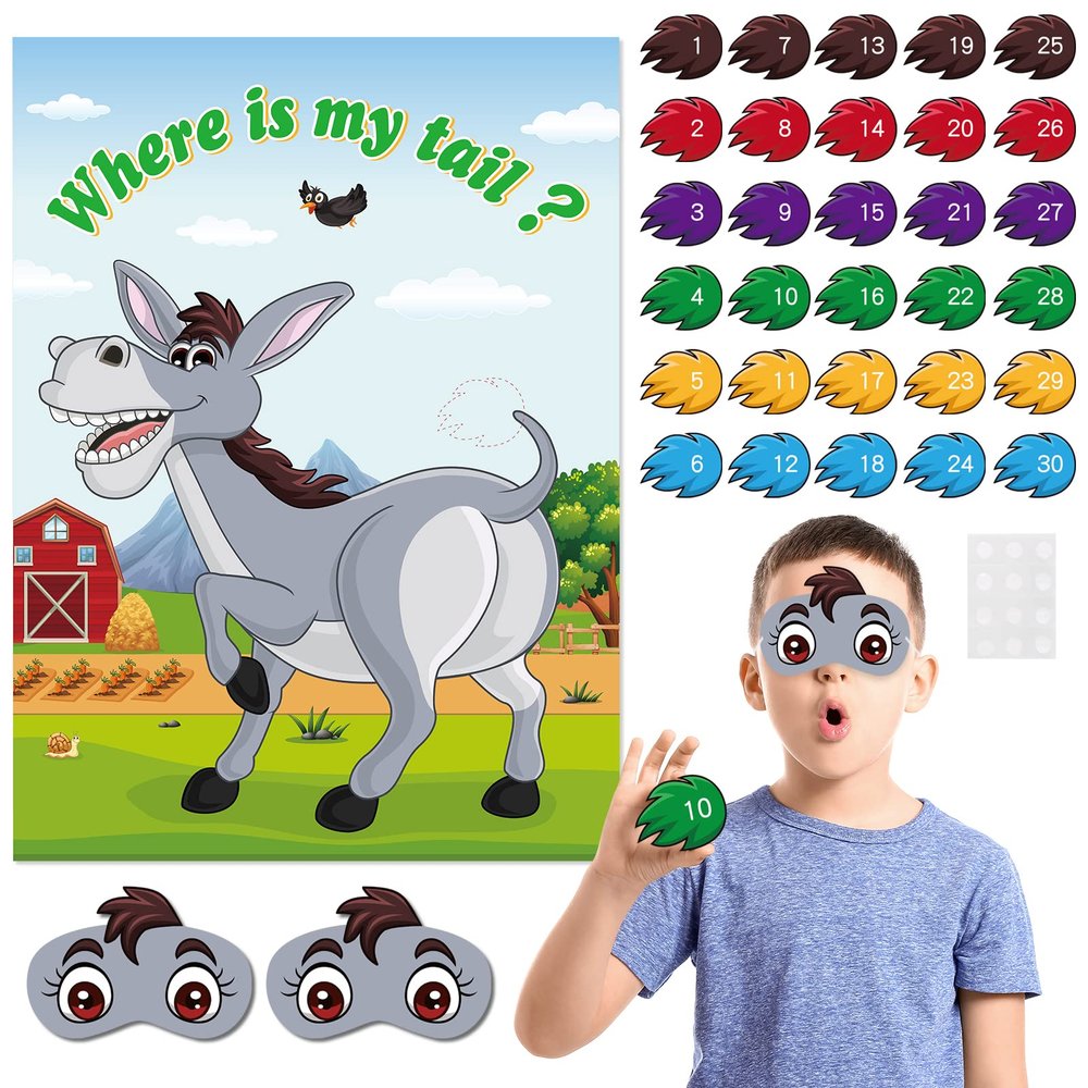 NEBURORA Pin The Tail on The Donkey, Party Game with 30 Pcs Tails for Kids Birthday Party Carnival Circus Christmas Party Supplies