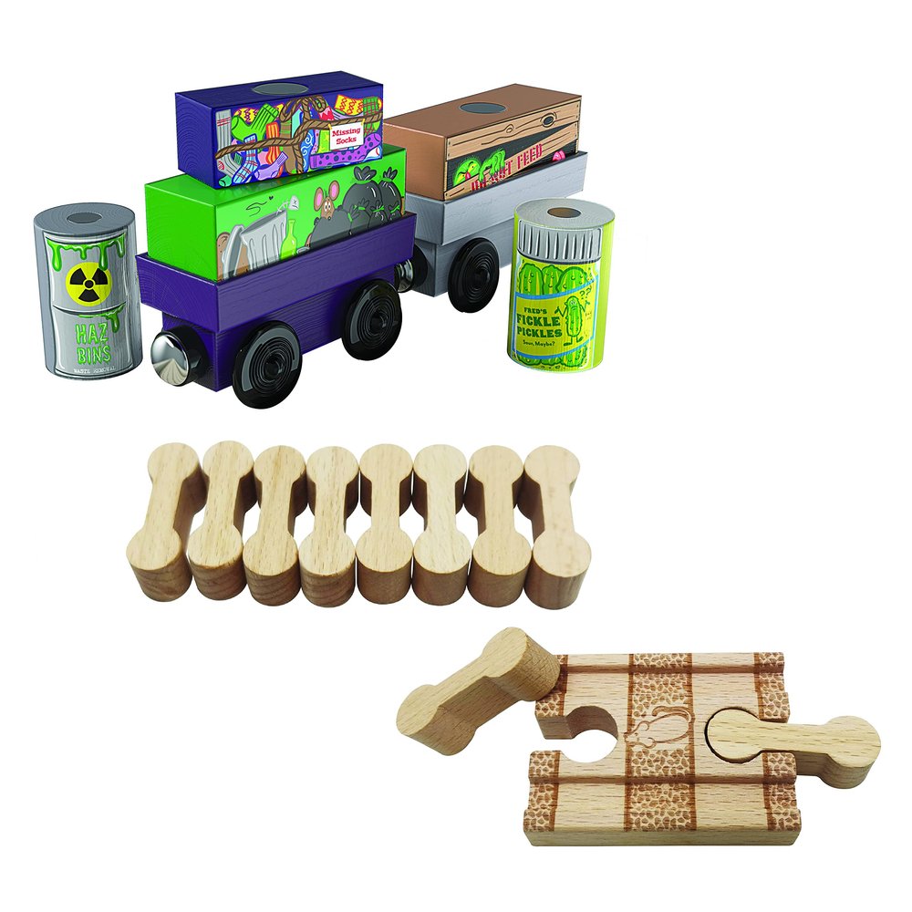 Zany Trains - Wooden Dog Bone Connector and Quirky Cargo Pack - Series 1 - Wooden Train Cars and Connector Pieces Compatible with All Wooden Train Track Sets