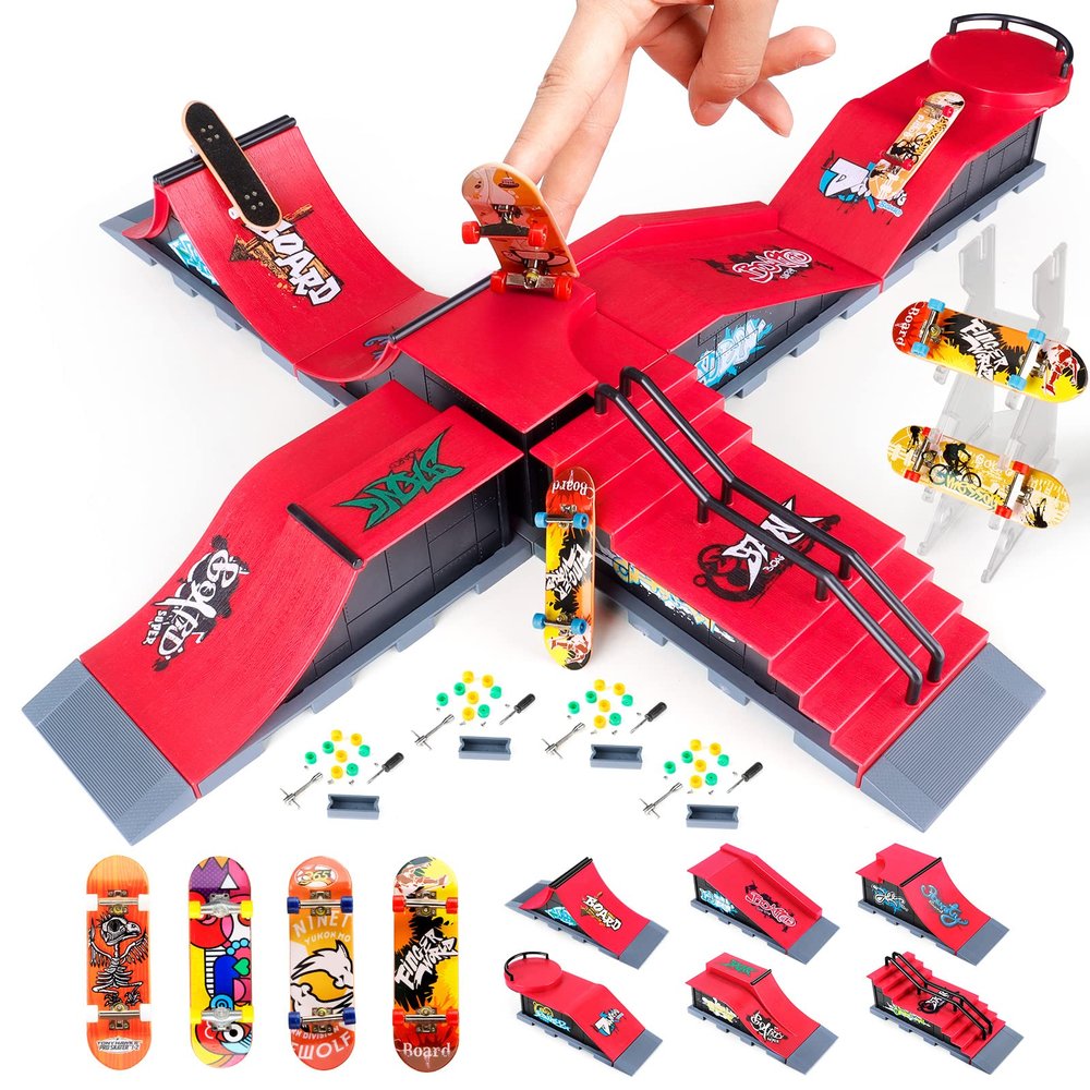 MOMSIV Finger Skateboards, Mini Finger Toy Skateboard Park Ramp Kit Fingerboard Half Pipe Ultimate Parks Training Props Accessories for Kids Adult 6 in 1