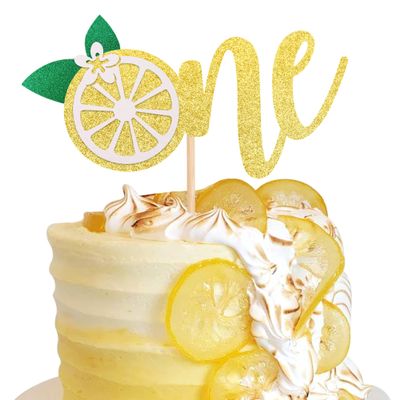 1 PCS Lemon 1st Birthday Cake Topper Glitter One Cake Pick Fruit Theme Lemonade Party First Birthday Decorations for Baby Shower Kids Boys Girls Party Supplies Gold