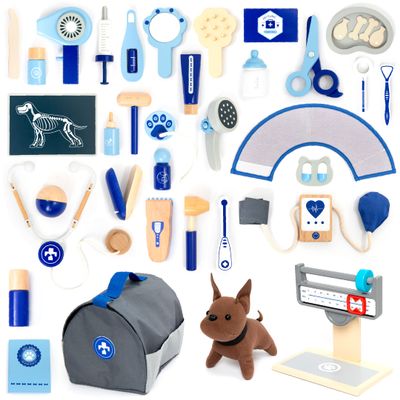 UMU Doctor Kit for Kids, Wooden Pretend Play 37 Pcs Pet Care Play Set Doctor Playset for Toddlers, Montessori Toys Dentist Kit for 3-8 Years Old Boys and Girls