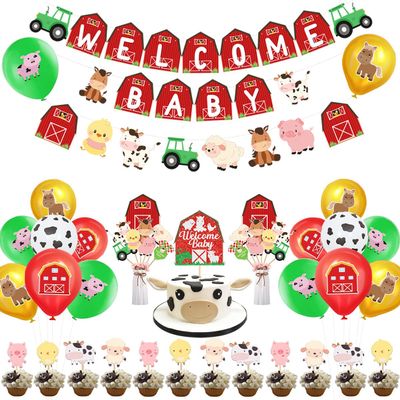 Kreatwow Farm Animal Baby Shower Decorations for Girls Boys Red Yellow Welcome Baby Banner Garland Cake Topper Farm Animals Party Table Centerpieces Barnyard Animal Balloons for Barnyard Party Supply