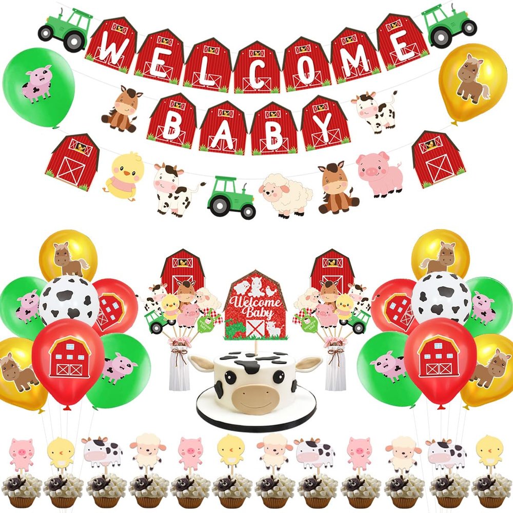 Kreatwow Farm Animal Baby Shower Decorations for Girls Boys Red Yellow Welcome Baby Banner Garland Cake Topper Farm Animals Party Table Centerpieces Barnyard Animal Balloons for Barnyard Party Supply