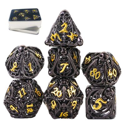Metal DND Dice Set Skull Dungeons and Dragon Dice Set Hollow Polyhedral Magic 7 PCS Dice Set with Gift Metal Box for Dungeons and Dragons Table Games Play Cards MTG(Skull_Black Plus Gold)