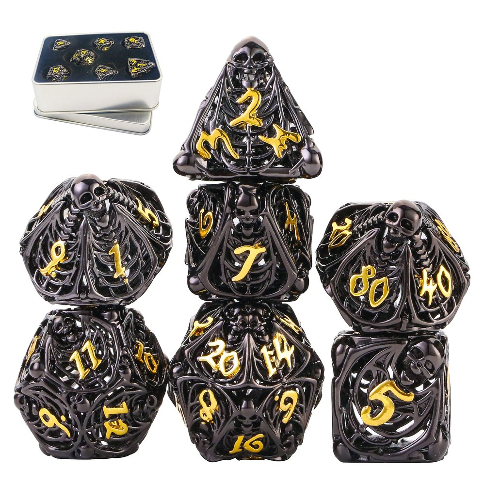 Metal DND Dice Set Skull Dungeons and Dragon Dice Set Hollow Polyhedral Magic 7 PCS Dice Set with Gift Metal Box for Dungeons and Dragons Table Games Play Cards MTG(Skull_Black Plus Gold)
