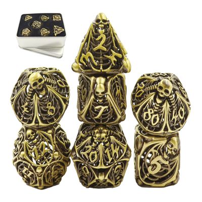 Metal DND Dice Set Skull Dungeons and Dragon Dice Set Hollow Polyhedral Magic 7 PCS Dice Set with Gift Metal Box for Dungeons and Dragons Table Games Play Cards MTG(Skull_Ancient Bronze)