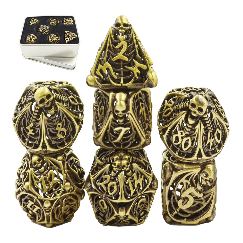 Metal DND Dice Set Skull Dungeons and Dragon Dice Set Hollow Polyhedral Magic 7 PCS Dice Set with Gift Metal Box for Dungeons and Dragons Table Games Play Cards MTG(Skull_Ancient Bronze)