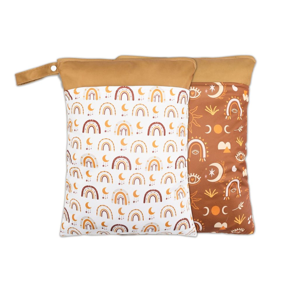 2 Pack Wet Dry Bags for Baby Diapers&Breast Pump Parts, Waterproof Reusable Wet Bag with Two Zipper Pockets, Beach Pool Gym Bag Stroller Yoga Toiletries Daycare Organizer, 11.8 inch x 15.7inch (Gold)