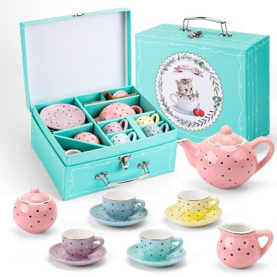 Tea Set Girls Porcelain Tea Set for Little Girls Tea Set for Little Girls Polka Dot Design and Colorful Color with for Boy and Gril Birthday Party Or Gift Life