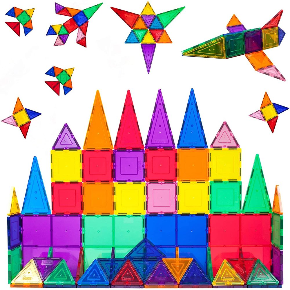 PicassoTiles Magnetic Tiles Mirror Square + 60pcs + 4 Family Action Figures, 12pcs Expansion Square Building Block, Magnet Expansion Pack Educational Add-on STEM Learning Kit Toys Pretend Playset