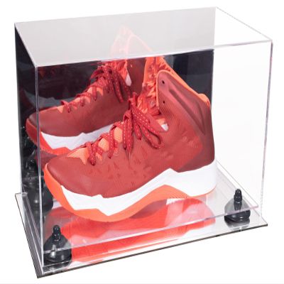 Better Display Cases Acrylic Large Shoe Display Case for Basketball Shoe Soccer Cleat Football Cleat with Mirror Case, Black Risers and Mirror Base (V11/A013)
