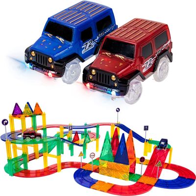 PicassoTiles Marble Run Magnetic Race Track + 80pc Race Car Track, 40pcs Magnetic Tile Toy Play Set STEM Building & Learning Magnet Construction Brain Development Kit, DIY Playset 2 LED Race Cars