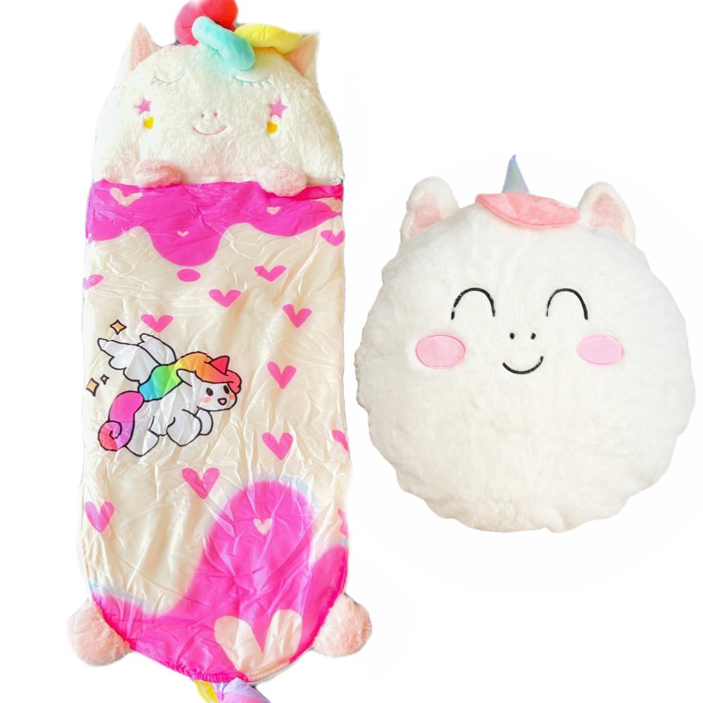 Nalexmi Sleeping Bag with Pillow, Sleeping Bag for Kids, Daycare, Kids Sleeping Mats, Slumber Bag, All Season, Girls, Pink, Size 63''*24'' (Heart Rainbow Uni)