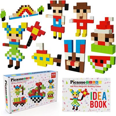 PicassoTiles 12pc Magnetic Brick Tiles + 108pcs Magnetic Puzzle Cubes, All-in-one Socket Spikes Toys Accessory Kit Stacking Set, Magnet Construction Building Block Set, Free Ideabook with 50 Ideas