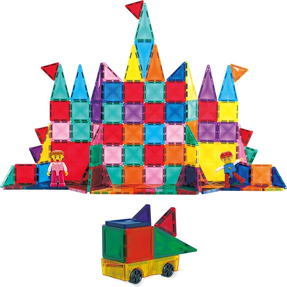 PicassoTiles Magnetic Brick Tiles 63pc + 120pcs Mini Diamond Tiles, 2 Character Figures 9 Tile Styles STEM Construction Learning Toy Set, Expansion Car Truck and and Figures Play Set Magnetic Add-ons