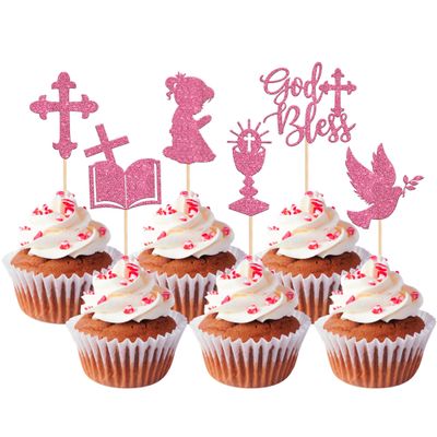 24 PCS Girl God Bless and Baptism Cupcake Toppers Glitter Dove Chalice Bible Cross Cupcake Picks First Communion Christian Baptism Theme Baby Shower Girls Birthday Party Cake Decorations Pink