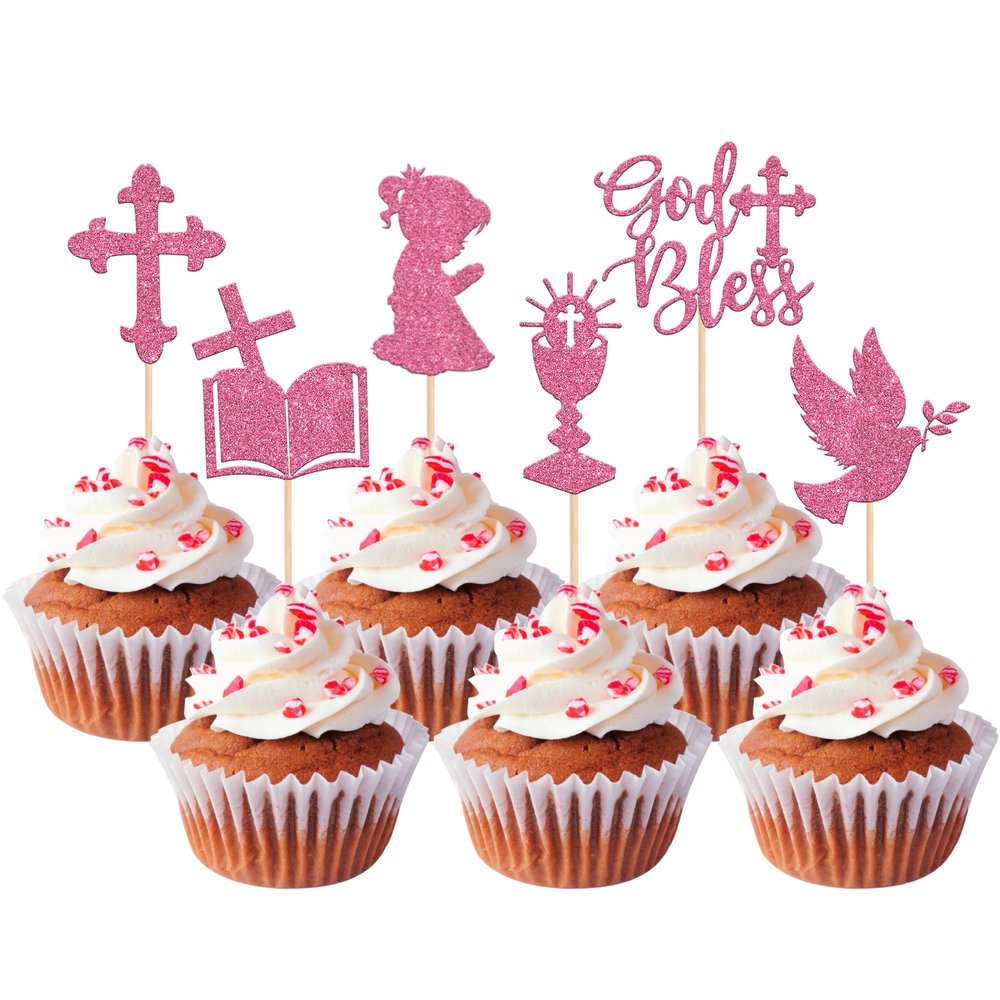 24 PCS Girl God Bless and Baptism Cupcake Toppers Glitter Dove Chalice Bible Cross Cupcake Picks First Communion Christian Baptism Theme Baby Shower Girls Birthday Party Cake Decorations Pink