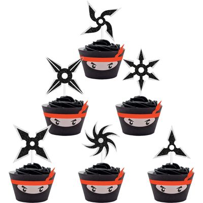 18 pcs Ninja Happy birthday Cupcake Toppers Decor Kit - kung fu ninja Darts theme Samurai Birthday Party Decorations