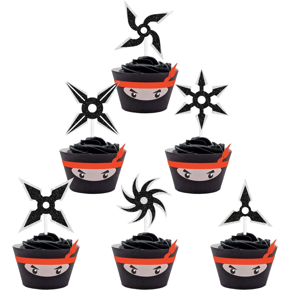 18 pcs Ninja Happy birthday Cupcake Toppers Decor Kit - kung fu ninja Darts theme Samurai Birthday Party Decorations